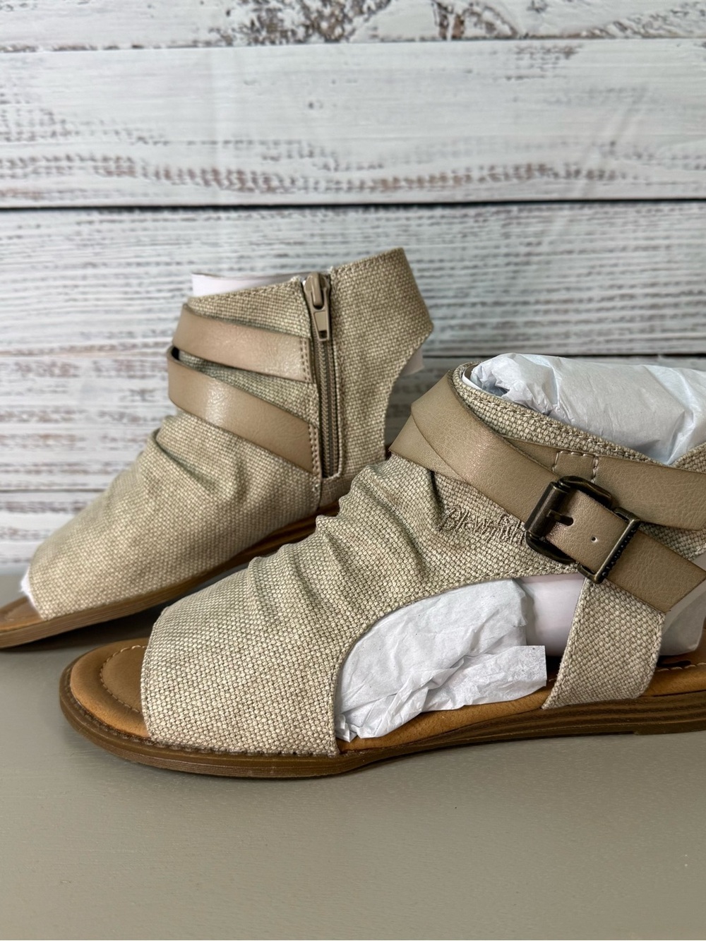 Blowfish Beige Canvas Cutout Ankle Sandals with Buckle